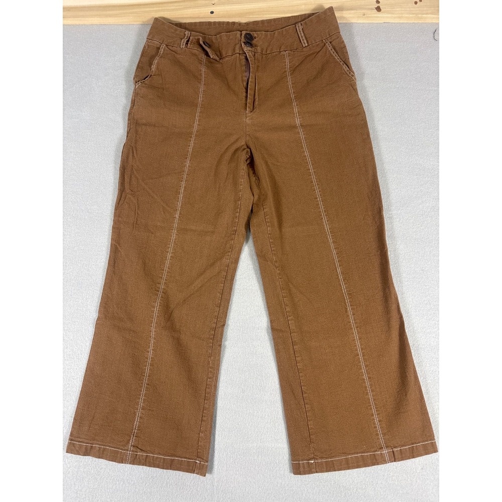 Evellet Brown Wide Leg women Cotton Pant Contrast Stitch High Rise Utility Sz 32
